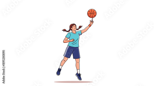 Energetic girl in sports attire jumping and spinning a basketball on her finger with great skill and confidence.