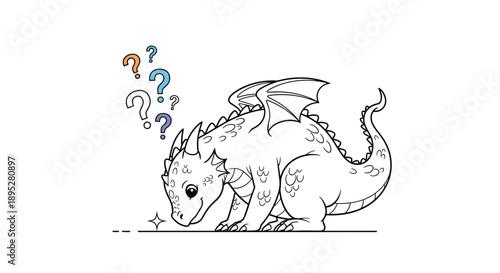 Cute baby dragon looking at sparkle with question marks vector