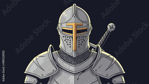 Brave medieval knight clad in polished steel armor and a sturdy helmet stands ready with a sharp sword hilted on his back.
