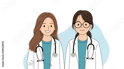 Two professional female doctors wearing white lab coats and stethoscopes smile warmly in this healthcare themed illustration.