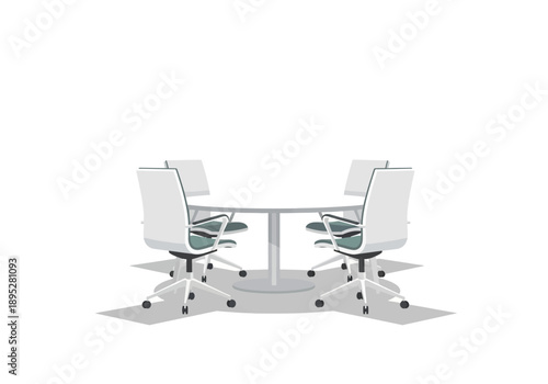 Minimalist illustration of a round meeting table with four white rolling office chairs