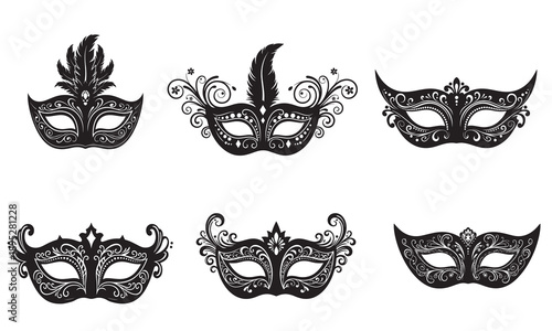 Collection of six ornate black Venetian masquerade masks with feathers and swirls.