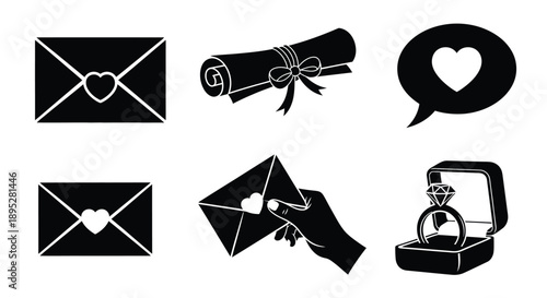Love letter and proposal icon set in black and white