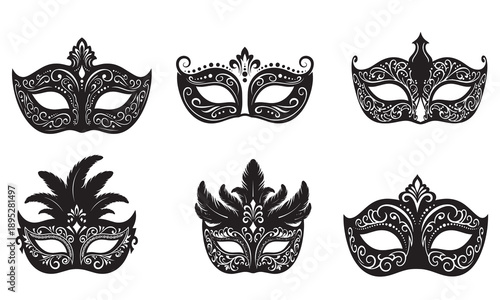 Set of six decorative black masquerade masks with feathers and detailed patterns.