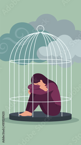 Depressed woman trapped in a cage, symbolizing mental health and confinement