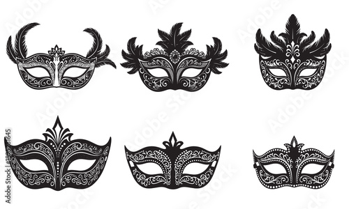 Six black ornate masquerade masks with feathers and detailed swirling designs.