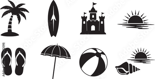 Minimalist Black and White Travel Icons Set with Summer Essentials and Landmarks