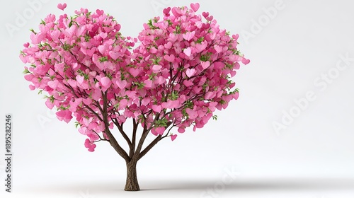A tree with pink flowers and heart shaped leaves. The tree is the center of the image and the pink flowers are scattered around it. The heart shape of the tree