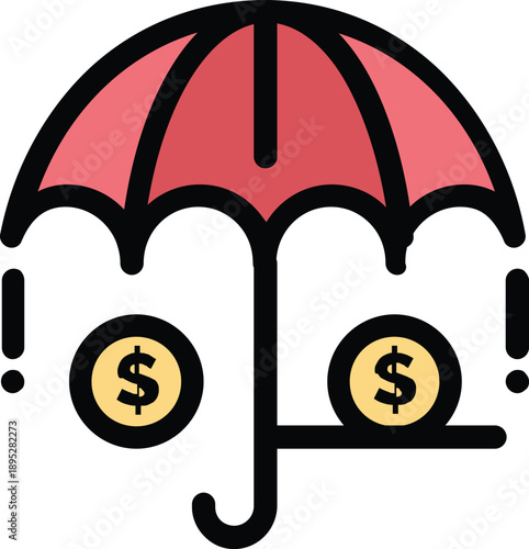 Conceptual finance icon showing wealth protected under an umbrella