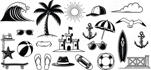 Summer beach icons silhouette set, tropical vacation symbols, ocean waves, palm tree, surfing, seaside lifestyle vector