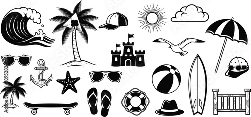 Summer beach vacation icon set silhouette, tropical ocean wave surf palm sun holiday vector illustration isolated on white background