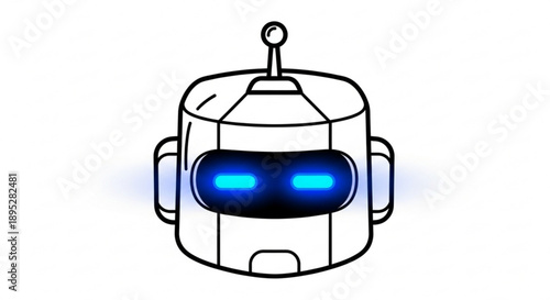Robot head with glowing blue eyes and antenna on top on plain white background