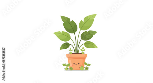 Vibrant illustration of a plant with leaves in a pot, viewed against a white background