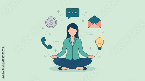 Meditating businesswoman balancing professional tasks and mindfulness