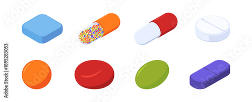 Pills of various types and shapes, without blisters. Vector isolated capsules and tablets, pharmaceutical products elements. Healthcare and pharmacy. Education, treatment and medication