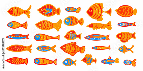 Colorful cartoon fish in various shapes and sizes arranged on a white background