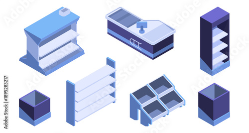 Empty supermarket interior with shelf and checkout counter. Vector shop or grocery store product racks. Retail market preparation for store planning. Merchandise displays with no stuff