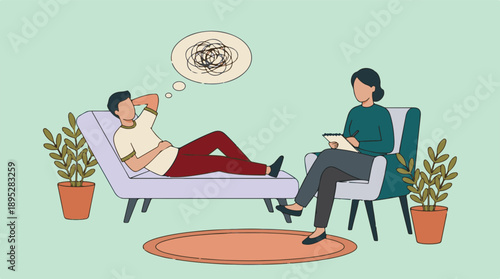 Illustration of a male patient in a psychotherapy session with a female therapist