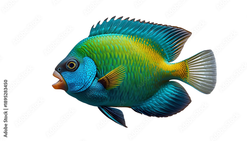 Fototapeta premium Turquoise and Lime Green Tropical Parrotfish with Detailed Scales and Beak-Like Mouth Isolated on Plain Background