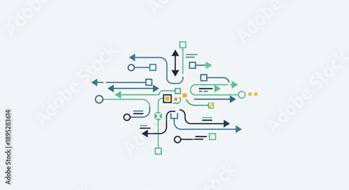 Complex flowchart diagram with colorful arrows and symbols on light background for business planning and strategy