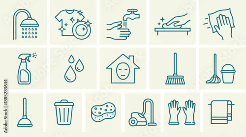 Collection of Household Cleaning and Hygiene Line Icons