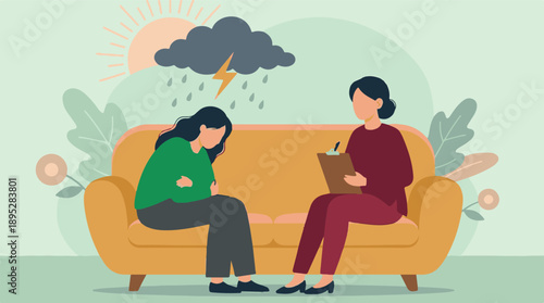 Woman seeking mental health support during a therapy session for depression