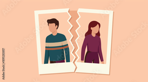 Torn photograph symbolizing separation, divorce, or broken relationship