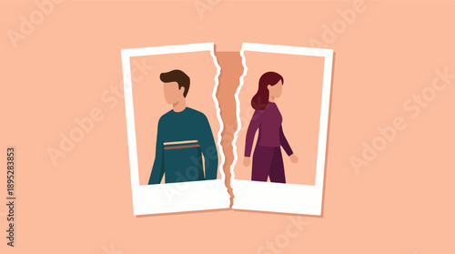 Torn photograph symbolizing relationship problems, divorce, and separation