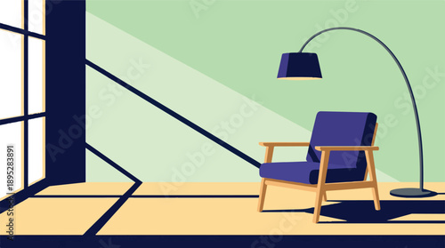 Modern interior design with armchair, floor lamp, and window light