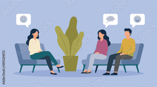 People discussing feelings in a counseling session illustration