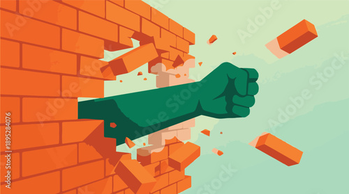 Green fist breaking brick wall, symbolizing strength and overcoming obstacles