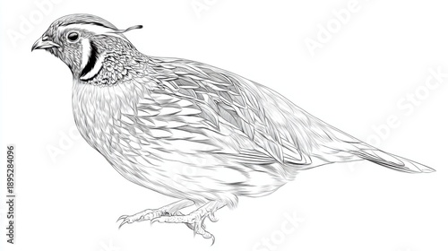 Detailed Line Drawing of a Quail with Intricate Feather Patterns