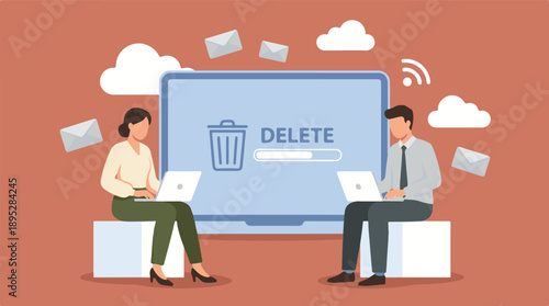 Business professionals deleting digital data from cloud storage on laptops.