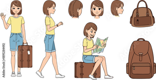 Young Woman Character Model Sheet  Summer Outfit, Front Side Back Turnaround Views, Baggage Pose - Full Body Parts, Postures & Poses Collection for Animation  Editable Vector Character