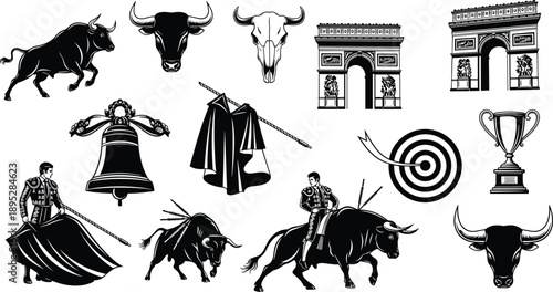 Bullfighting and Spanish Culture Vector Set Featuring Matador Silhouettes, Charging Bulls, Triumphal Arch, Bell, Trophy, Bull Skull, Target, and Traditional Cloak for Heritage Design Projects