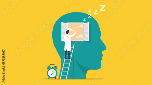 Mental awakening and fresh start concept with man opening window in head