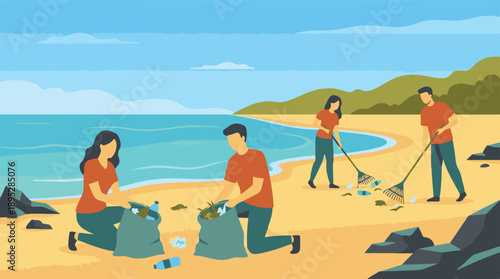 People volunteers cleaning up plastic waste and trash from a polluted beach