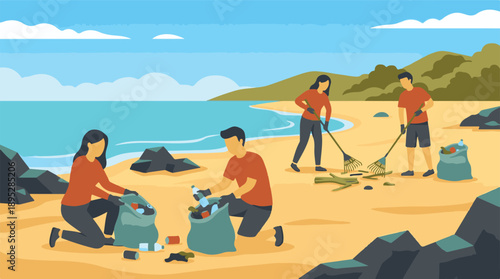 Group of volunteers cleaning a polluted beach, collecting trash and debris