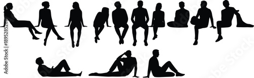 Black silhouettes of people sitting and lying down on a white background Keywords: silhouette, people, sitting, lying, man