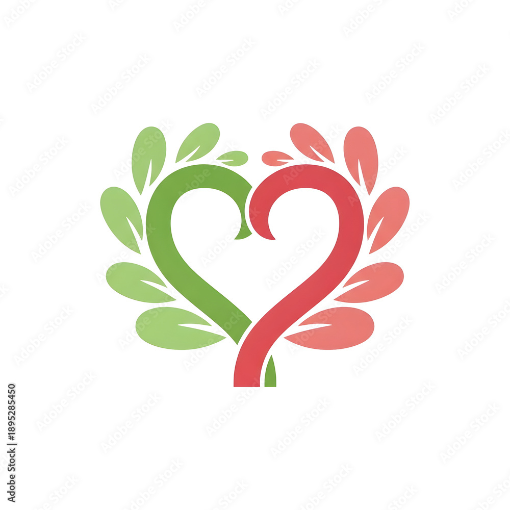 Fototapeta premium Image of love and nature, depicted by the green and red leaf heart on a white background, symbolizing care and unity.