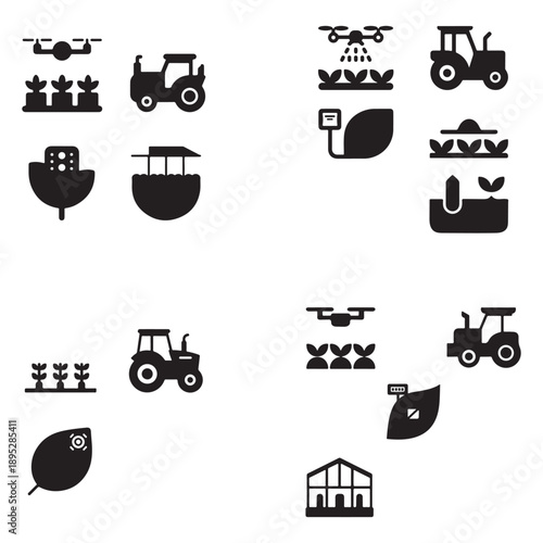 Modern Agricultural Automation Symbols: Crop Monitoring Drones and Industrial Farm Machinery