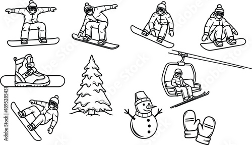 Snowboarding and Winter Activities Vector Icon Set Featuring Snowboarders Jumping, Mountain Chairlift, Snowman, Pine Tree, Boots, and Mittens for Seasonal Sports Design Projects