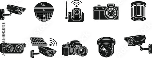 Security Camera and Photography Vector Icon Set Featuring CCTV Surveillance Systems, Wireless IP Cameras, Solar Powered Security, DSLR Digital Cameras, and Dome Monitoring Sensors
