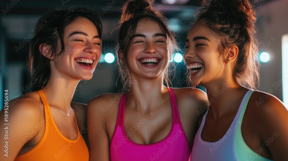 Fototapeta premium Group of three young diverse female athletes celebrating a healthy active lifestyle in a sports studio, smiling and laughing together while wearing sporty fitness clothes during workout practice. High