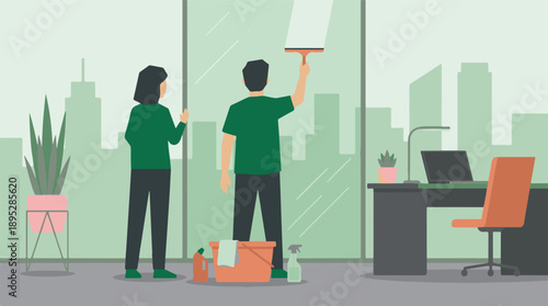 Window cleaners at work in a modern office with cityscape background.