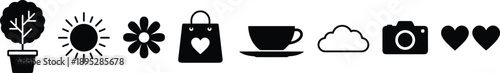 Collection of Simple Black Icons for Potted Plant Sun Flower Bag Coffee Cloud Camera Hearts Keywords: icon, set, collection