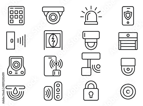 Home Security System icons, vector illustration of smart safety equipment, house protection technology symbols, camera, sensor, detector, keypad, siren, padlock, minimalist outline style, isolated on 