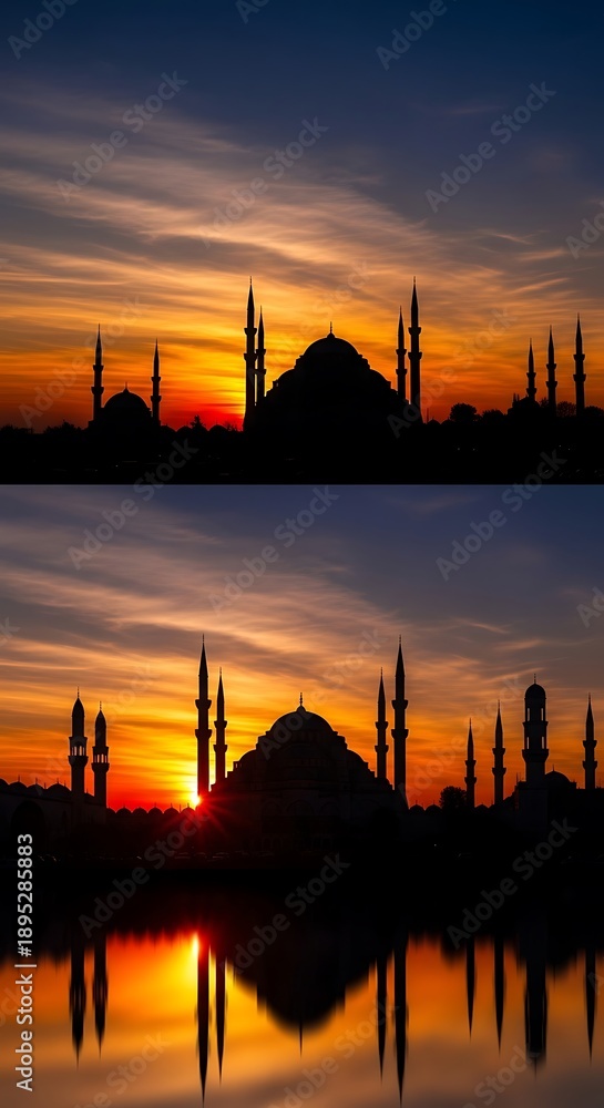 Fototapeta premium Sunset over mosque silhouette landscape.