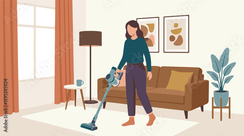 Woman cleaning living room floor with a modern cordless vacuum cleaner