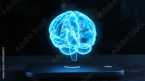 Glowing Blue Brain on Smartphone Screen.